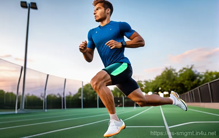 스포츠경영관리사와 스포츠 혁신 기술 - **Prompt:** A fit, determined male athlete, in his late 20s, with short hair, is shown in a dynamic ...