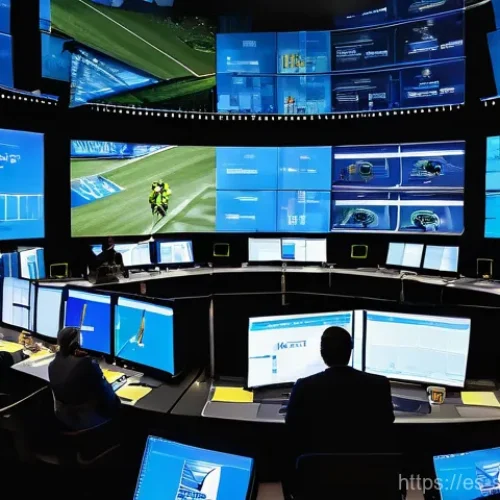 Home 26 스포츠경영관리사와 국제 대회 유치 전략 - The Strategic Command Center: Orchestrating a Major Sports Event**
A wide-angle shot of a modern, h...