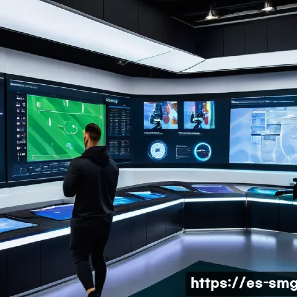 스포츠경영관리사와 이벤트 기획 단계 - **Prompt:** "A highly detailed, wide-angle shot of a futuristic sports analytics command center. In ...
