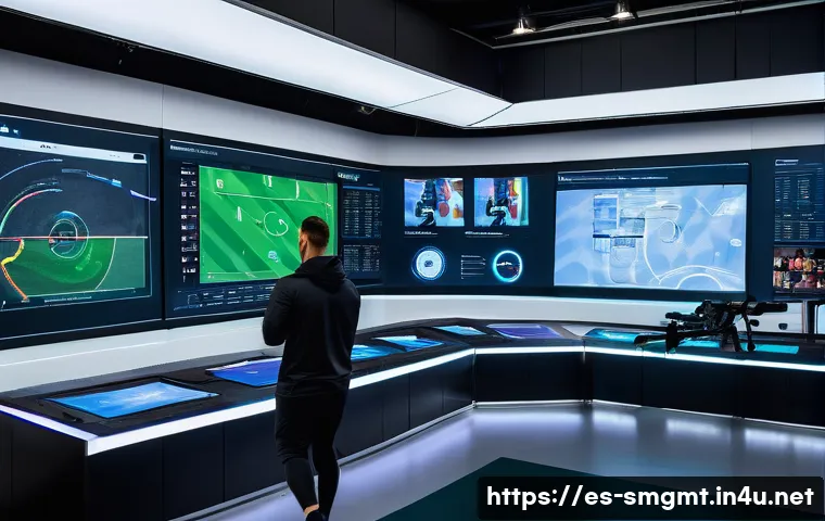스포츠경영관리사와 이벤트 기획 단계 - **Prompt:** "A highly detailed, wide-angle shot of a futuristic sports analytics command center. In ...