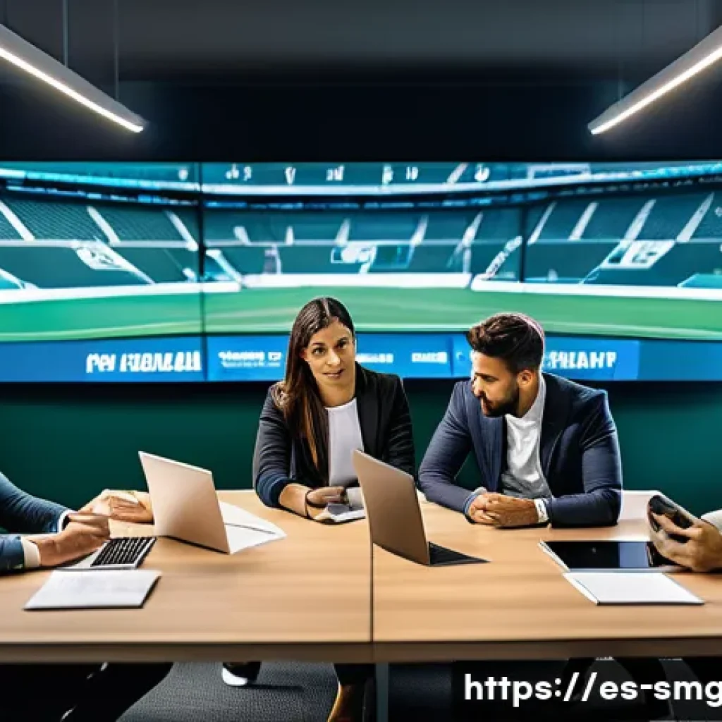 스포츠경영관리사 취업 준비 체크리스트 - A modern sports management office scene in a Spanish professional football club, showing a diverse t...