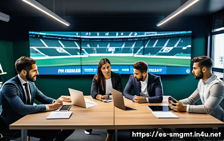 스포츠경영관리사 취업 준비 체크리스트 - A modern sports management office scene in a Spanish professional football club, showing a diverse t...