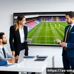 스포츠경영관리사와 스포츠재무관리 - A dynamic sports management office scene set in a modern Spanish sports club, showing diverse profes...