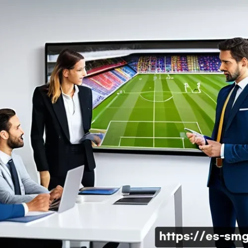 스포츠경영관리사와 스포츠재무관리 - A dynamic sports management office scene set in a modern Spanish sports club, showing diverse profes...