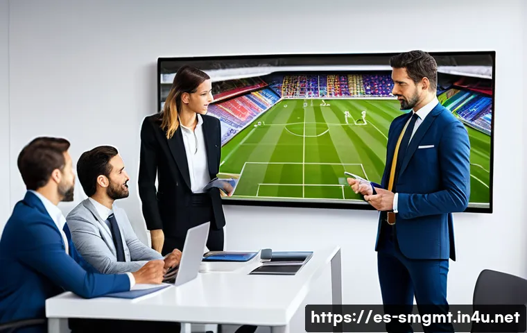 스포츠경영관리사와 스포츠재무관리 - A dynamic sports management office scene set in a modern Spanish sports club, showing diverse profes...