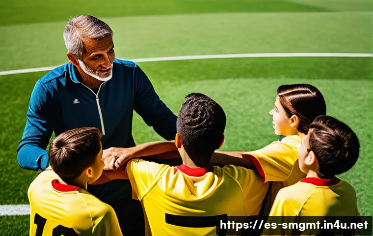 스포츠경영관리사와 스포츠 조직 운영 - A dynamic sports team huddle led by a confident coach demonstrating strong leadership, set in a mode...