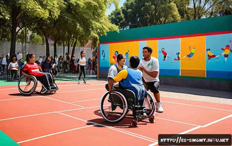 스포츠경영관리사와 지역사회 스포츠 - A vibrant urban sports park in a Latin American neighborhood during a sunny afternoon, featuring div...