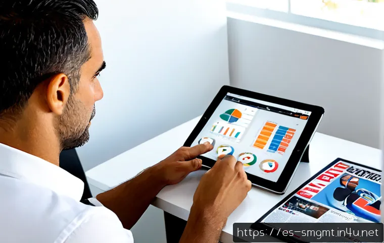 스포츠경영관리사와 스포츠 매거진 분석 - Photorealistic sports management professional in a modern Spanish office, reviewing a tablet with ab...